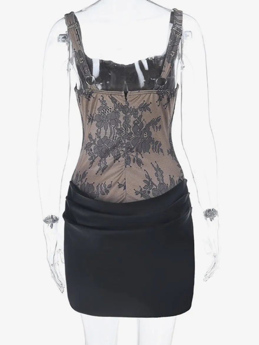 Robe de soirée noire en dentelle corset bustier jupe froncée en satin mini-robe moulante pour sortir