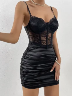 Robe de soirée noire en polyester sans manches à bretelles décolleté gainant robe d'été