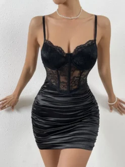Robe de soirée noire en polyester sans manches à bretelles décolleté gainant robe d'été