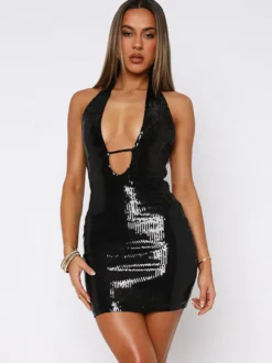 Robe de soirée noire en polyester sans manches à dos nu