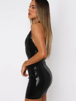 Robe de soirée noire en polyester sans manches à dos nu