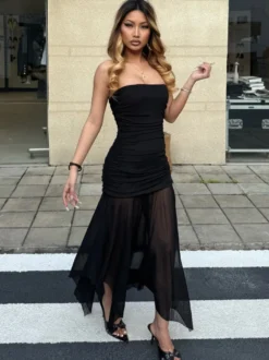 Robe de soirée noire en polyester sans manches et sans bretelles robe d'été