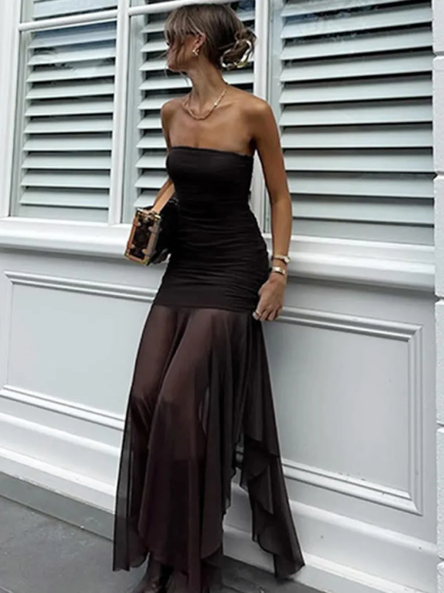 Robe de soirée noire en polyester sans manches et sans bretelles robe d'été