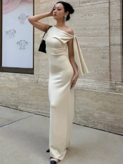 Robe de soirée noire et crème robe sirène maxi à épaules dénudées ceinture à nouer manches longues