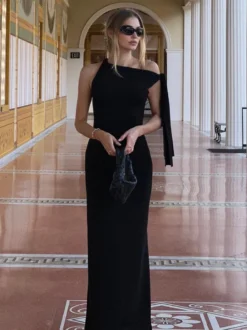 Robe de soirée noire et crème robe sirène maxi à épaules dénudées ceinture à nouer manches longues