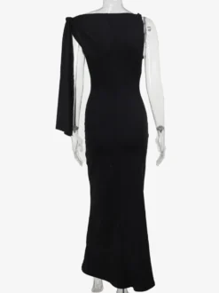Robe de soirée noire et crème robe sirène maxi à épaules dénudées ceinture à nouer manches longues