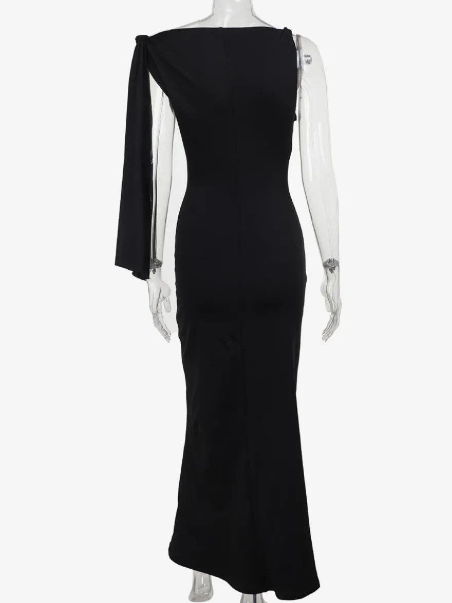 Robe de soirée noire et crème robe sirène maxi à épaules dénudées ceinture à nouer manches longues