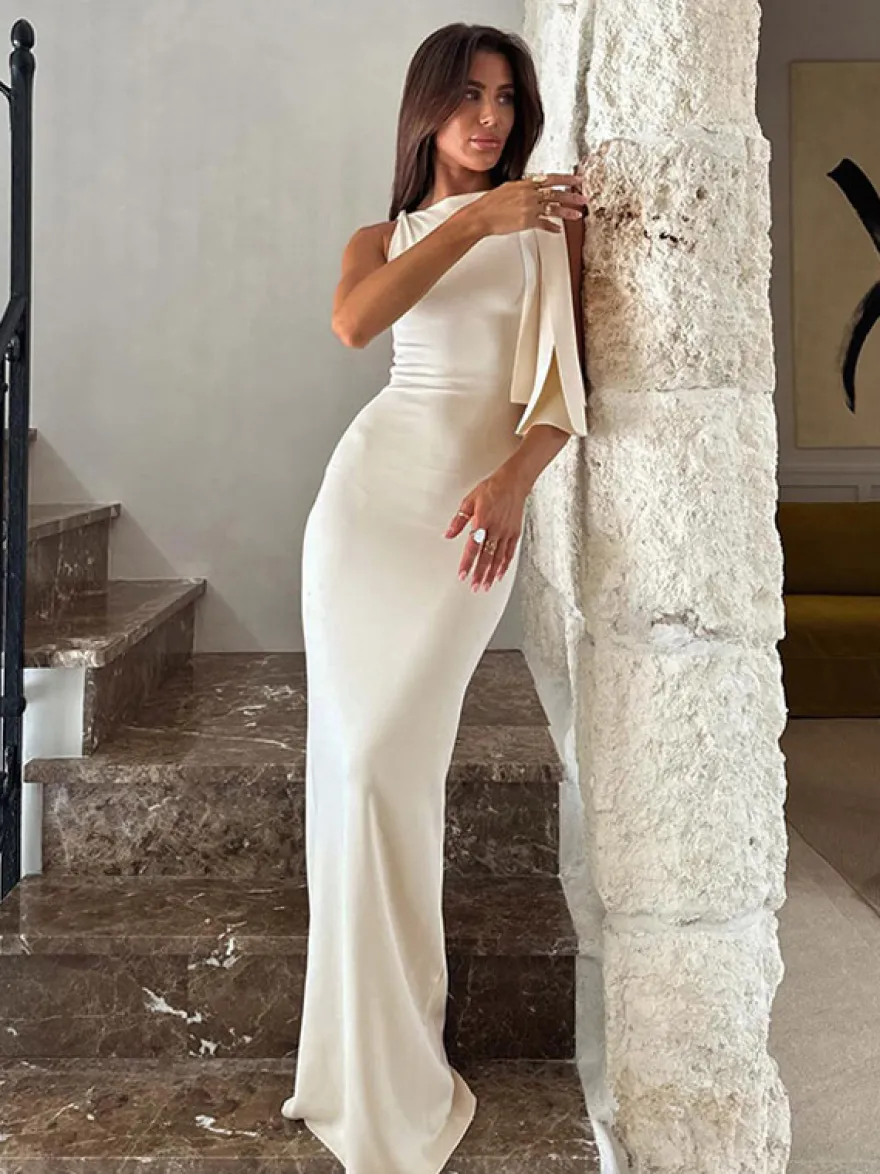 Robe de soirée noire et crème robe sirène maxi à épaules dénudées ceinture à nouer manches longues