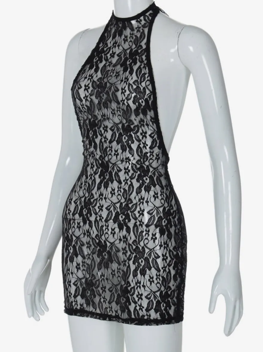 Robe de soirée noire à imprimé floral sans manches dos nu transparente