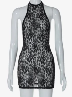 Robe de soirée noire à imprimé floral sans manches dos nu transparente