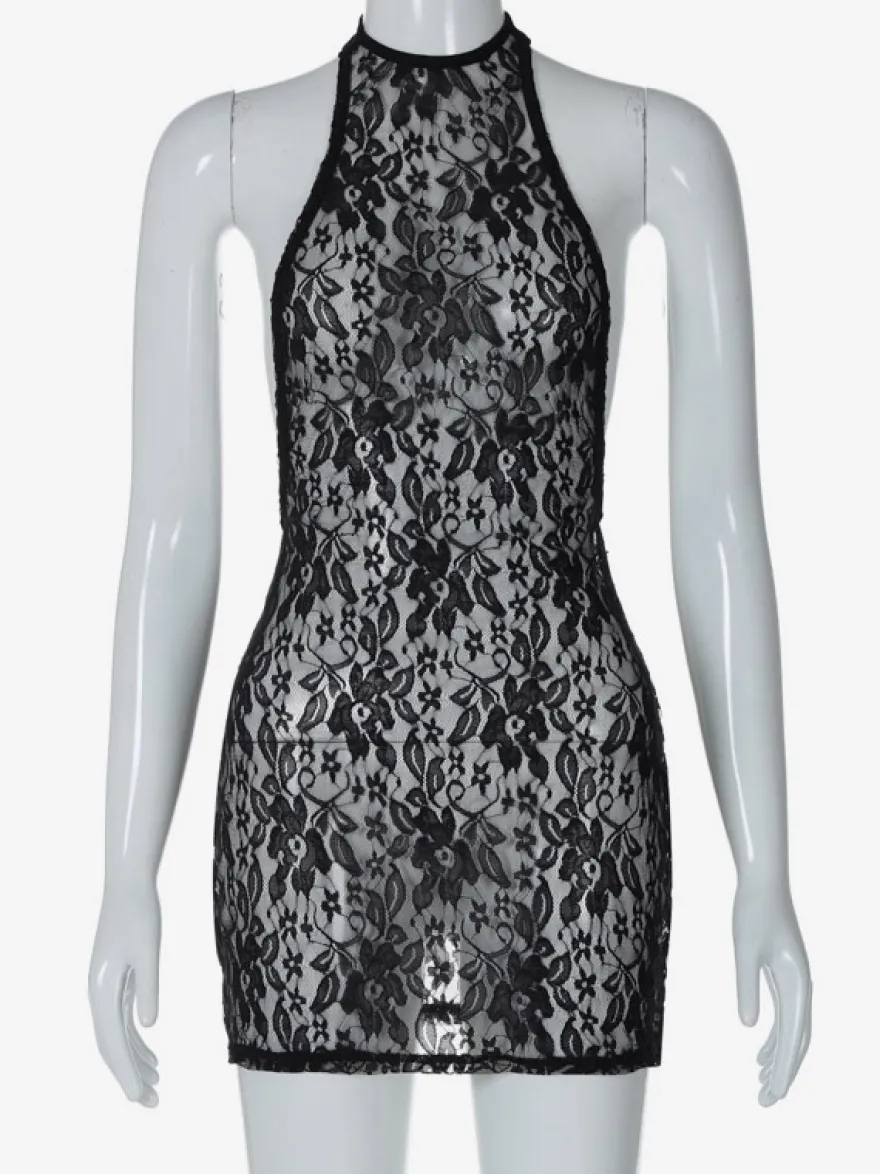 Robe de soirée noire à imprimé floral sans manches dos nu transparente