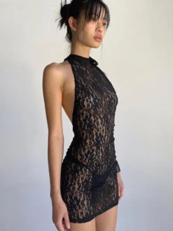 Robe de soirée noire à imprimé floral sans manches dos nu transparente