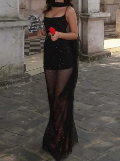 Robe de soirée noire à paillettes en résille avec ras-de-cou et fente robe longue transparente pour boîte de nuit