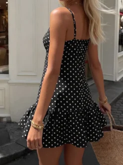 Robe de soirée noire à pois débardeur à volants mini-robe fluide d'été