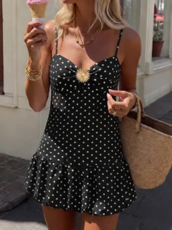 Robe de soirée noire à pois débardeur à volants mini-robe fluide d'été
