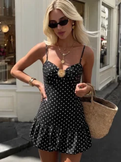 Robe de soirée noire à pois débardeur à volants mini-robe fluide d'été