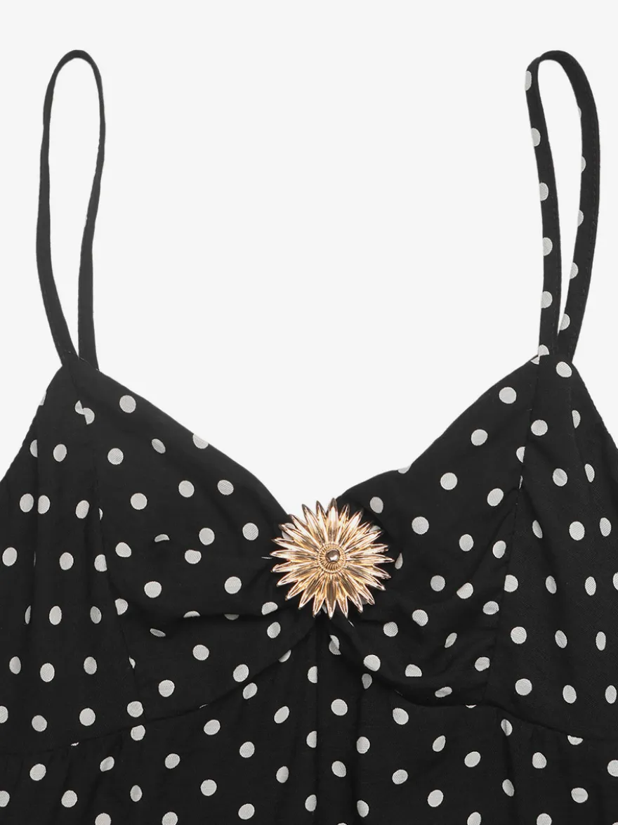 Robe de soirée noire à pois débardeur à volants mini-robe fluide d'été