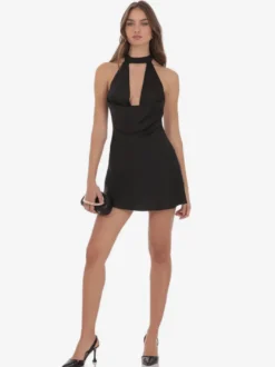 Robe de soirée noire sans manches dos nu mini-robe d'été à bretelles