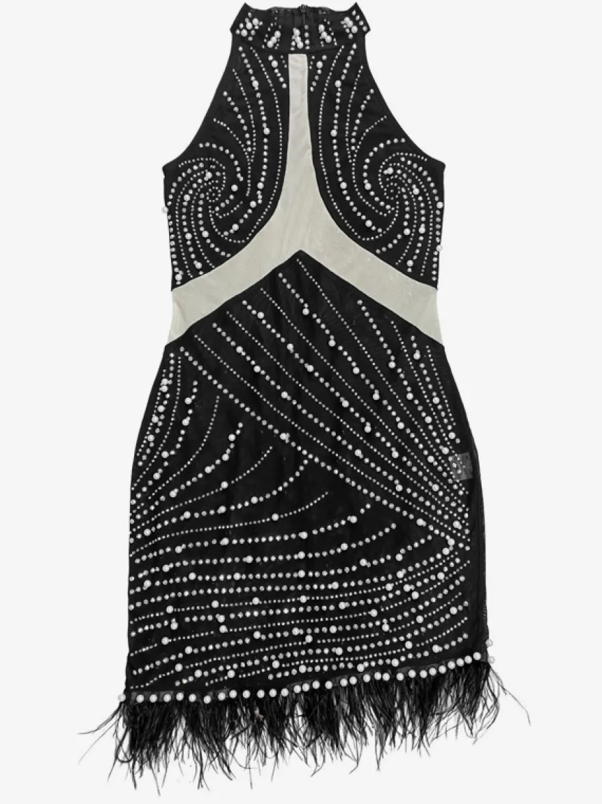 Robe de soirée noire sans manches à col rond transparent dos nu strass franges en résille mini-robe moulante de club