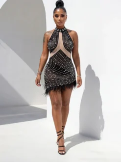 Robe de soirée noire sans manches à col rond transparent dos nu strass franges en résille mini-robe moulante de club