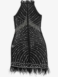 Robe de soirée noire sans manches à col rond transparent dos nu strass franges en résille mini-robe moulante de club