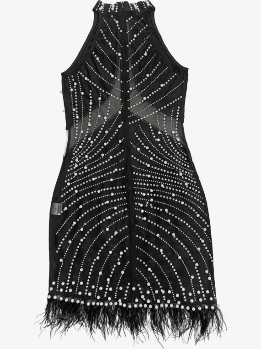 Robe de soirée noire sans manches à col rond transparent dos nu strass franges en résille mini-robe moulante de club