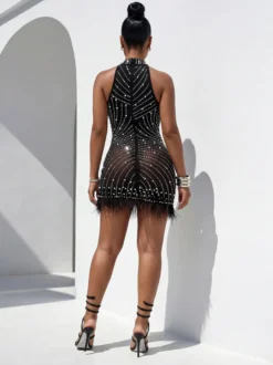 Robe de soirée noire sans manches à col rond transparent dos nu strass franges en résille mini-robe moulante de club
