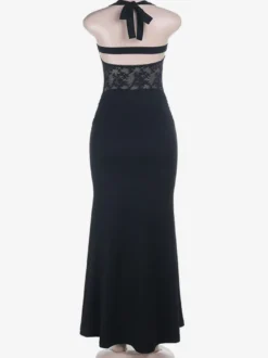 Robe de soirée noire sirène maxi dos nu en dentelle ajourée taille froncée