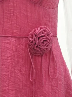 Robe de soirée romantique à mini-fleurs sans manches bretelles col élégant robe rose