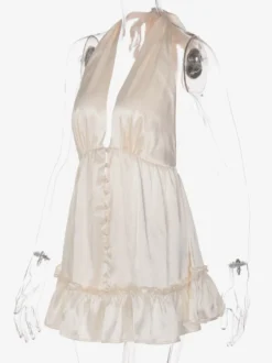 Robe de soirée romantique mini plissée à lacets sans manches dos nu couleur champagne