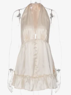 Robe de soirée romantique mini plissée à lacets sans manches dos nu couleur champagne