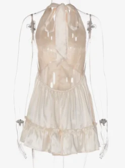 Robe de soirée romantique mini plissée à lacets sans manches dos nu couleur champagne