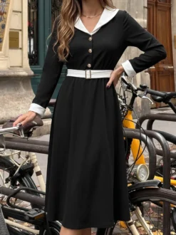 Robe de soirée romantique noire à revers blancs contrastés coupe trapèze manches longues taille boutonnée style vintage