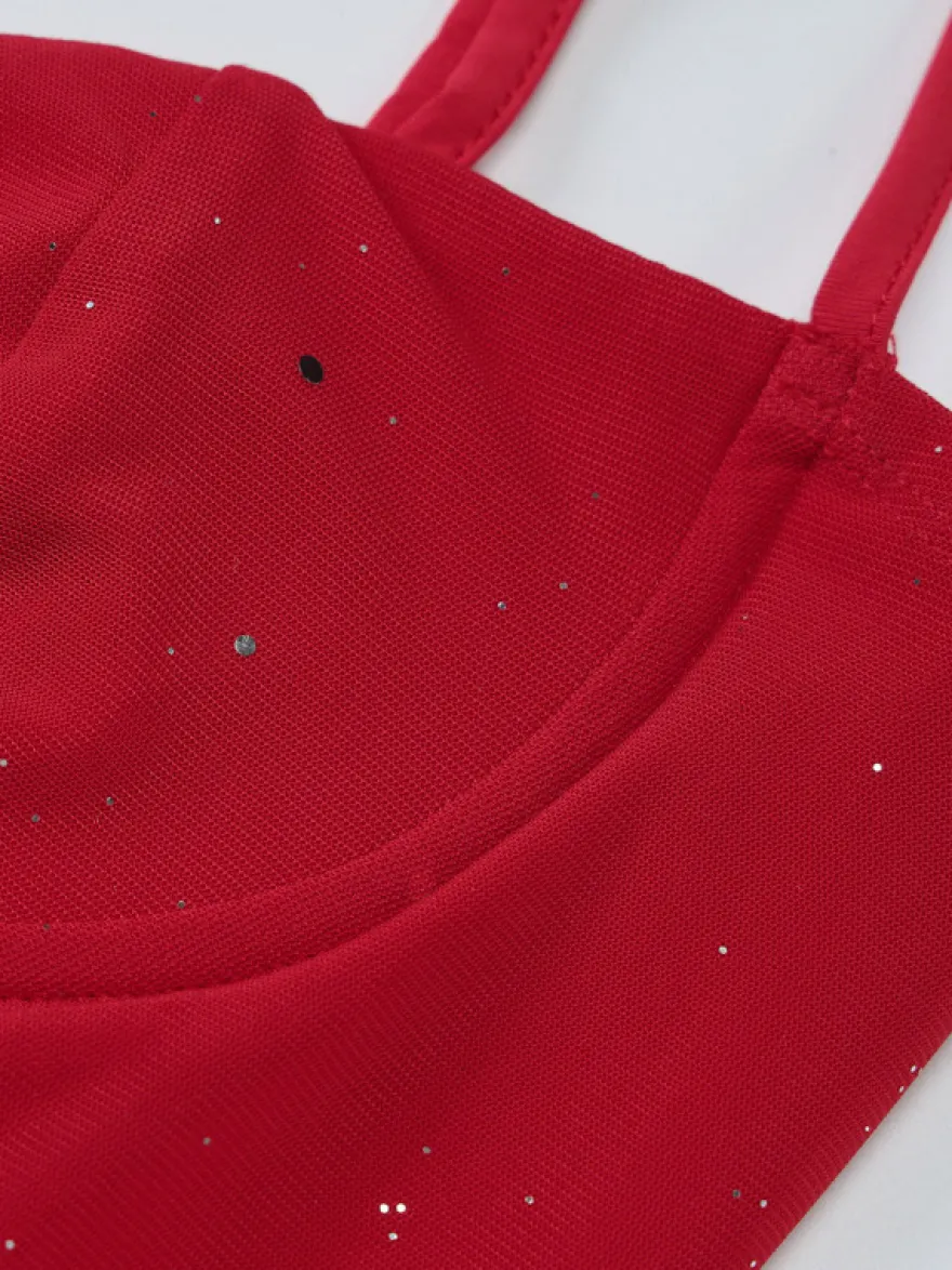 Robe de soirée rouge sans manches à bretelles et décolleté asymétrique
