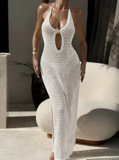 Robe de soirée sexy en résille découpée dos nu fente haute transparente idéale pour les fêtes en boîte de nuit