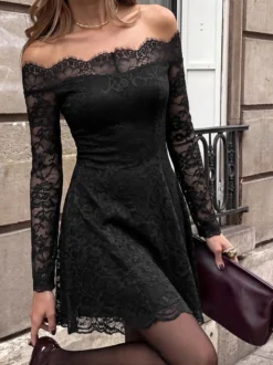 Robe de soirée sexy à épaules dénudées en dentelle mini manches longues en résille florale transparente coupe trapèze style club