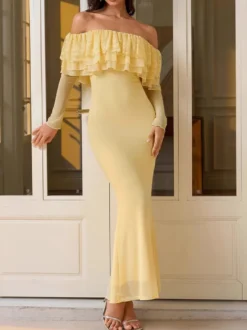 Robe de soirée sirène maxi à volants et épaules dénudées manches longues et volants superposés