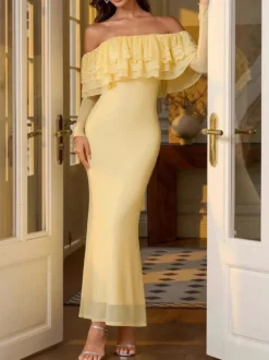 Robe de soirée sirène maxi à volants et épaules dénudées manches longues et volants superposés