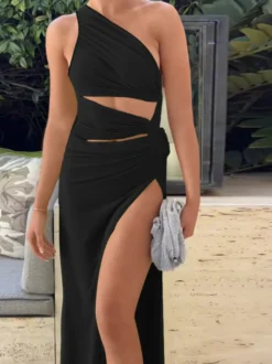 Robe de soirée verte en polyester sans manches dos nu asymétrique robe d'été
