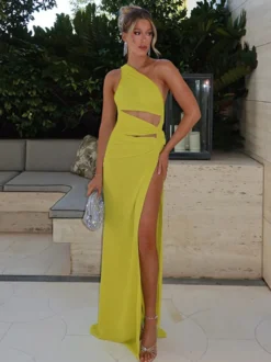 Robe de soirée verte en polyester sans manches dos nu asymétrique robe d'été