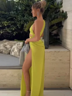 Robe de soirée verte en polyester sans manches dos nu asymétrique robe d'été