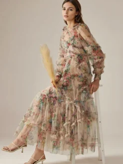 Robe de soirée à volants et manches illusion superposées robe longue folklorique élégante