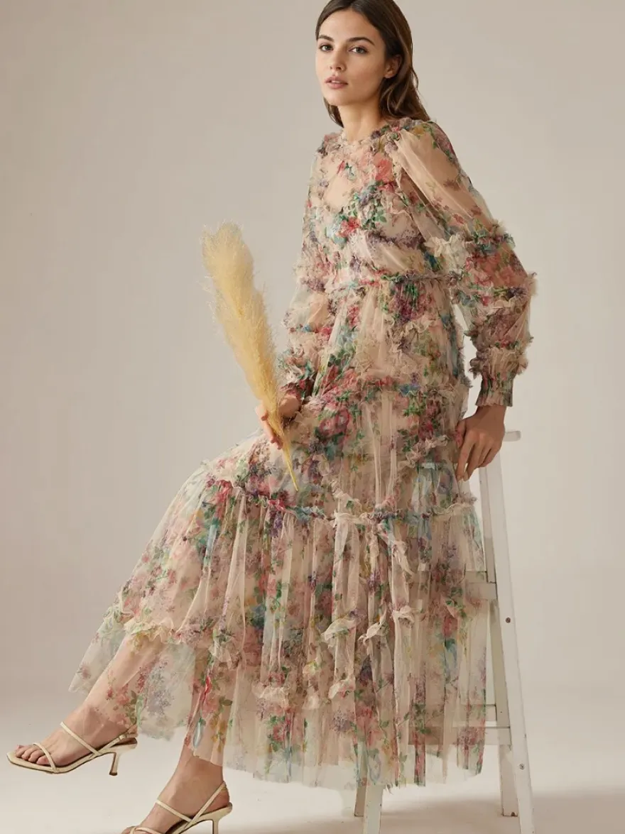 Robe de soirée à volants et manches illusion superposées robe longue folklorique élégante