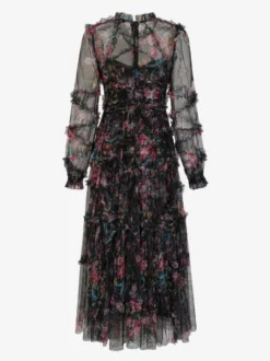 Robe de soirée à volants et manches illusion superposées robe longue folklorique élégante