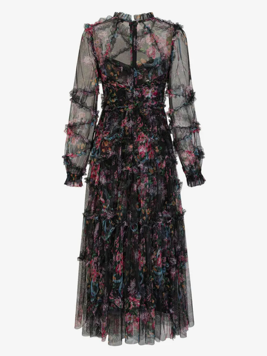 Robe de soirée à volants et manches illusion superposées robe longue folklorique élégante