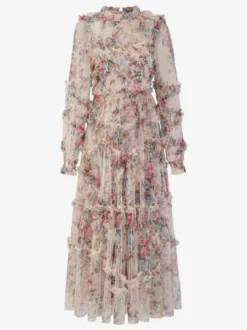 Robe de soirée à volants et manches illusion superposées robe longue folklorique élégante