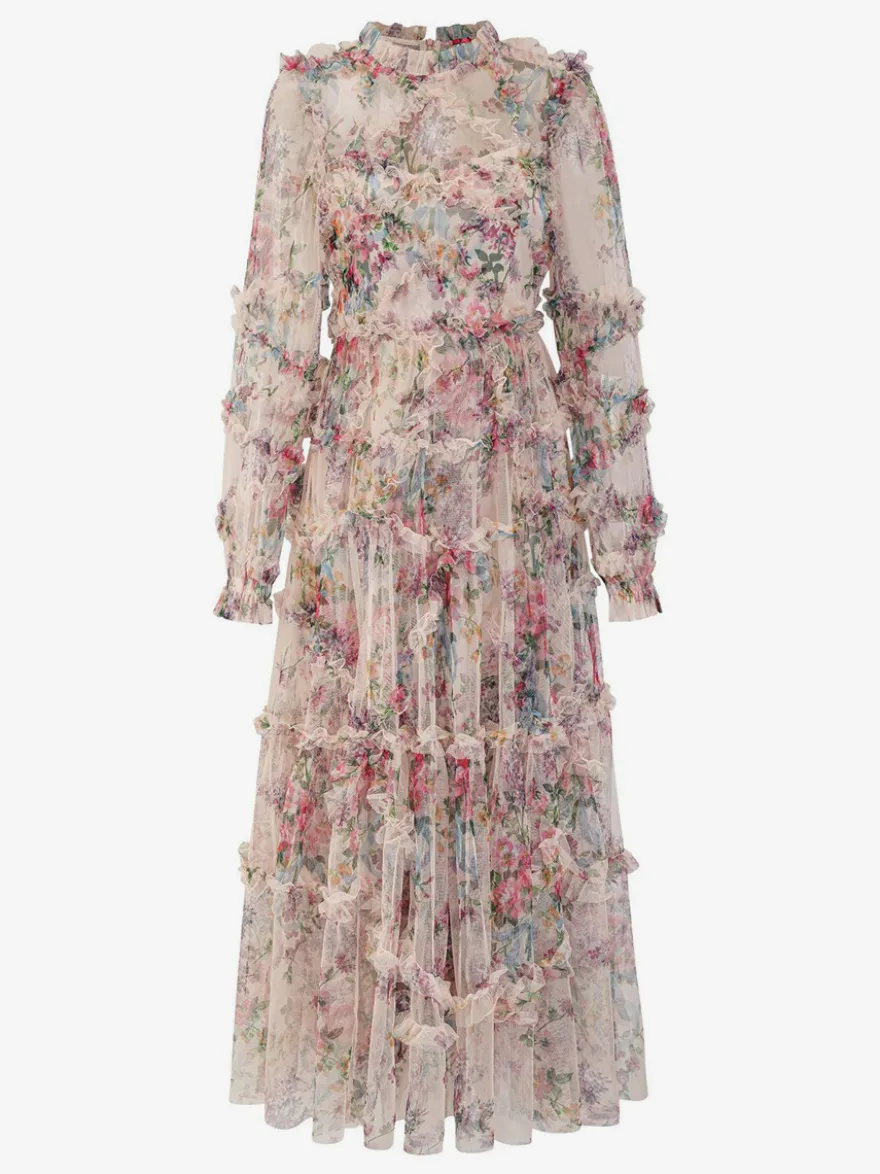 Robe de soirée à volants et manches illusion superposées robe longue folklorique élégante