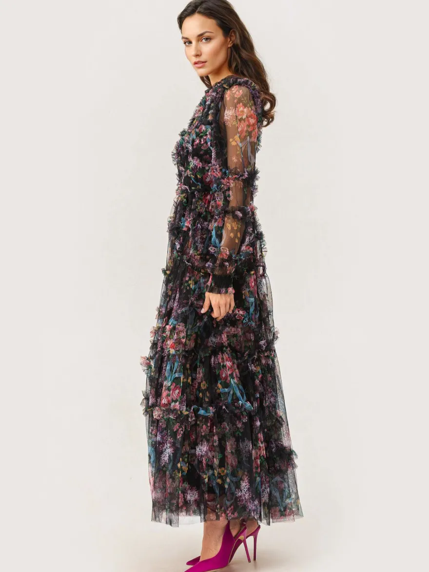 Robe de soirée à volants et manches illusion superposées robe longue folklorique élégante
