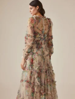 Robe de soirée à volants et manches illusion superposées robe longue folklorique élégante