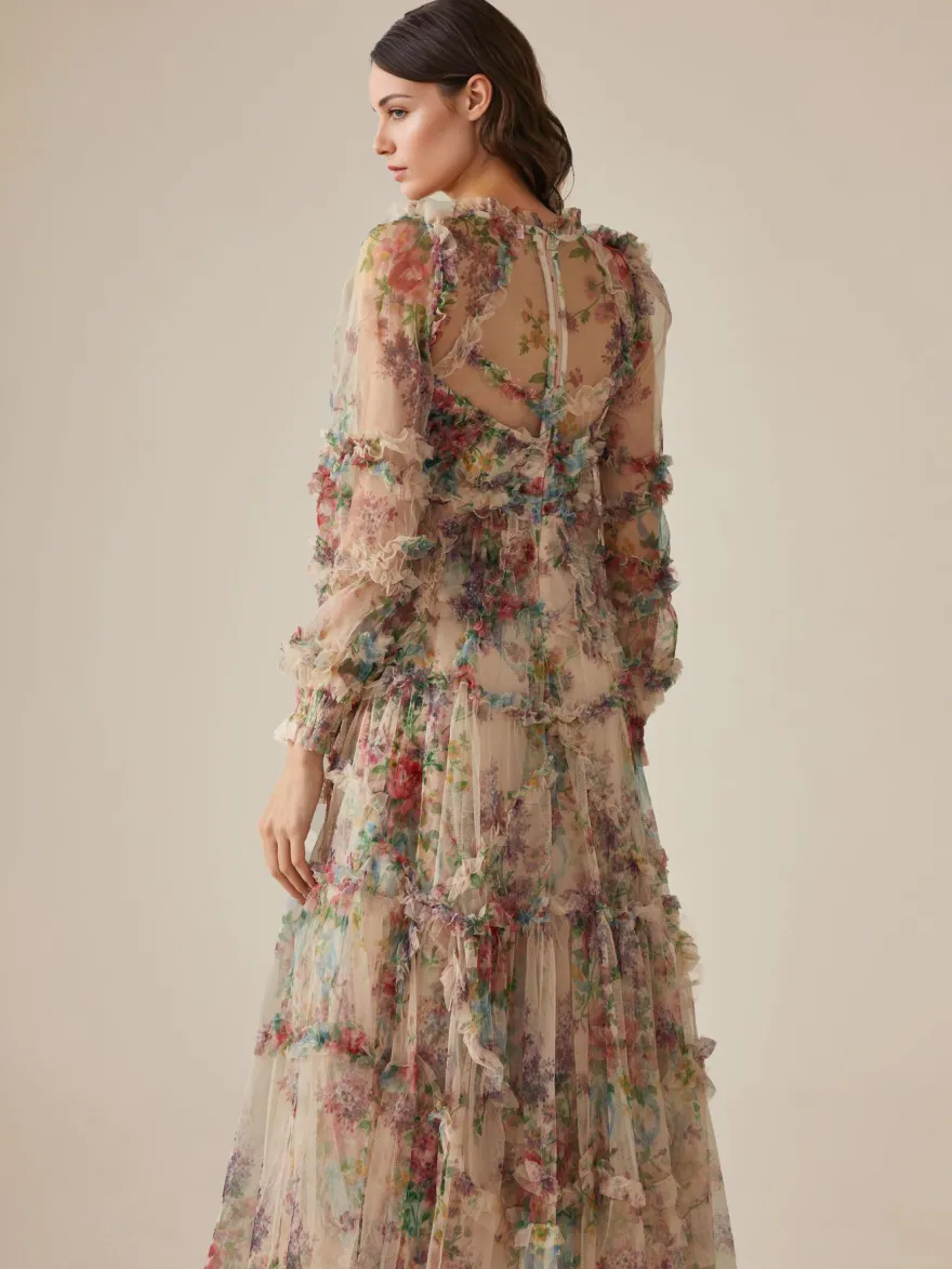 Robe de soirée à volants et manches illusion superposées robe longue folklorique élégante